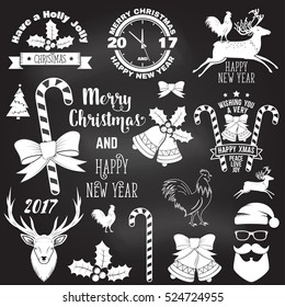 Set of Merry Christmas and Happy New Year 2017 typography design. Vector illustration on the chalkboard. Xmas retro badge. Concept for shirt or logo, print, stamp, patch.