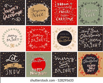 Set of Merry Christmas and Happy New Year hand drawn greeting cards in vector. Seasons Greetings, Let It Snow, Merry And Bright.