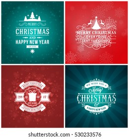 Set of Merry Christmas and Happy New Year Decorative Badges for Greetings Cards or Invitations. Vector Illustration. Abstract colorful background with snowflakes and lights