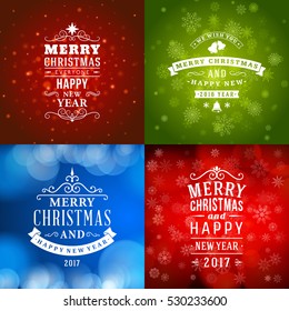 Set of Merry Christmas and Happy New Year Decorative Badges for Greetings Cards or Invitations. Vector Illustration. Abstract colorful background with snowflakes and lights