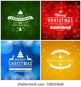 Set of Merry Christmas and Happy New Year Decorative Badges for Greetings Cards or Invitations. Vector Illustration. Abstract colorful background with snowflakes and lights