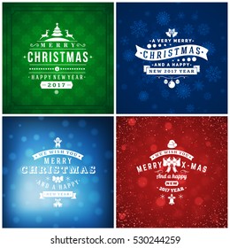 Set of Merry Christmas and Happy New Year Decorative Badges for Greetings Cards or Invitations. Vector Illustration. Abstract colorful background with snowflakes and lights