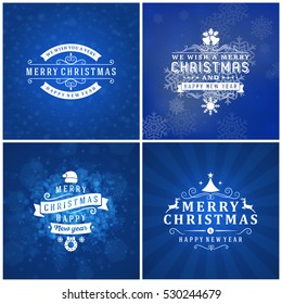 Set of Merry Christmas and Happy New Year Decorative Badges for Greetings Cards or Invitations. Vector Illustration. Abstract colorful background with snowflakes and lights