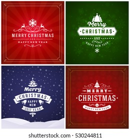 Set of Merry Christmas and Happy New Year Decorative Badges for Greetings Cards or Invitations. Vector Illustration. Abstract colorful background with snowflakes and lights