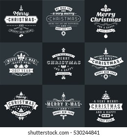 Set of Merry Christmas and Happy New Year Decorative Badges for Greetings Cards or Invitations. Vector Illustration in White and Black Colors