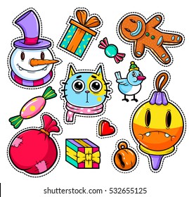 Set of Merry Christmas and Happy New Year stickers or magnets. Festive souvenirs. Vector illustration
