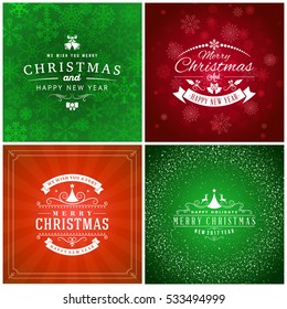 Set of Merry Christmas and Happy New Year Decorative Badges for Greetings Cards or Invitations. Vector Illustration. Abstract colorful background with snowflakes and lights