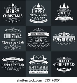 Set of Merry Christmas and Happy New Year Decorative Badges for Greetings Cards or Invitations. Vector Illustration in White and Black Colors