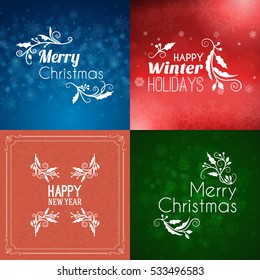 Set of Merry Christmas and Happy New Year Decorative Badges for Greetings Cards or Invitations. Vector Illustration. Abstract colorful background with snowflakes and lights