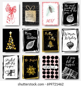 Set of Merry Christmas and Happy New Year hand drawn greeting cards. Be Joyful, Warm Wishes, 2017, Perfect gifts for everyone, A year full of surprises, Holly Jolly. 