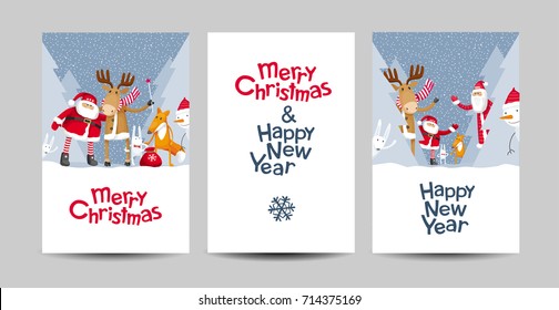 Set of Merry Christmas and Happy New Year vector cards with cartoon Santa Claus and cute forest animals. Templates for holiday sales, greeting cards, posters, banners for Christmas decoration.