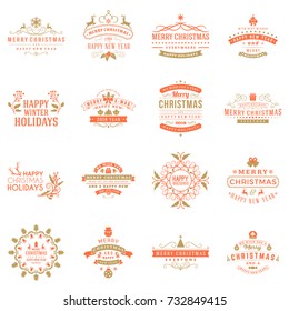 Set of Merry Christmas and Happy New Year decorative badges for greetings cards or invitations. Typographic vector design elements