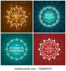 Set of Merry Christmas and Happy New Year Decorative Badges for Greetings Cards or Invitations. Vector Illustration. Abstract colorful background with snowflakes and lights