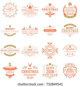 Set of Merry Christmas and Happy New Year decorative badges for greetings cards or invitations. Typographic vector design elements