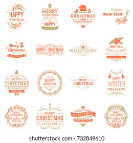 Set of Merry Christmas and Happy New Year decorative badges for greetings cards or invitations. Typographic vector design elements