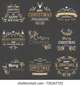 Set of Merry Christmas and Happy New Year Decorative Badges for Greetings Cards or Invitations. Vector Illustration. Typographic Design Elements. Golden, White and Pink Color Theme on Dark Background
