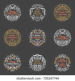 Set of Merry Christmas and Happy New Year Decorative Badges for Greetings Cards or Invitations. Vector Illustration. Typographic Design Elements. Golden, White and Pink Color Theme on Dark Background