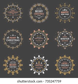 Set of Merry Christmas and Happy New Year Decorative Badges for Greetings Cards or Invitations. Vector Illustration. Typographic Design Elements. Golden, White and Pink Color Theme on Dark Background