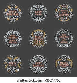 Set of Merry Christmas and Happy New Year Decorative Badges for Greetings Cards or Invitations. Vector Illustration. Typographic Design Elements. Golden, White and Pink Color Theme on Dark Background