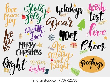 Set of Merry Christmas and Happy New Year vintage hand drawn logos, badges, quotes and phrases for gift tags, postcards. Modern calligraphic artwork in vector.
