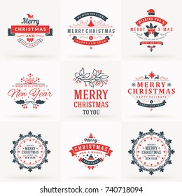 Set of Merry Christmas and Happy New Year Decorative Badges for Greetings Cards or Invitations. Vector Illustration in Red and Gray Colors