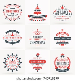 Set of Merry Christmas and Happy New Year Decorative Badges for Greetings Cards or Invitations. Vector Illustration in Red and Gray Colors