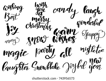 Set of Merry Christmas and Happy New Year vintage hand drawn logos, badges, quotes and phrases for gift tags, postcards. Modern calligraphic artwork in vector.