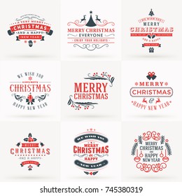 Set of Merry Christmas and Happy New Year Decorative Badges for Greetings Cards or Invitations. Vector Illustration in Red and Gray Colors