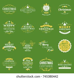 Set of Merry Christmas and Happy New Year decorative badges for greetings cards or invitations. Typographic vector design elements