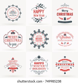 Set of Merry Christmas and Happy New Year Decorative Badges for Greetings Cards or Invitations. Vector Illustration in Red and Gray Colors