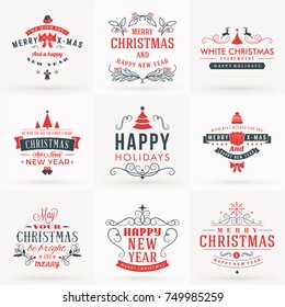 Set of Merry Christmas and Happy New Year Decorative Badges for Greetings Cards or Invitations. Vector Illustration in Red and Gray Colors