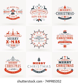 Set of Merry Christmas and Happy New Year Decorative Badges for Greetings Cards or Invitations. Vector Illustration in Red and Gray Colors