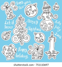 Set of Merry Christmas and  Happy new year vector stickers. Gift box, xmas tree, snowman, mittens, balls, candle, bell  hand drawn style on the background with lettering phrases.