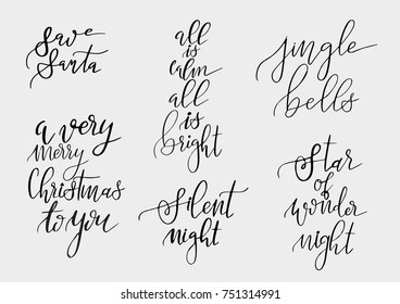 Set of Merry Christmas and Happy New Year vintage hand drawn logos, badges, quotes and phrases for gift tags, postcards. Modern calligraphic artwork in vector.