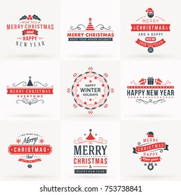 Set of Merry Christmas and Happy New Year Decorative Badges for Greetings Cards or Invitations. Vector Illustration in Red and Gray Colors