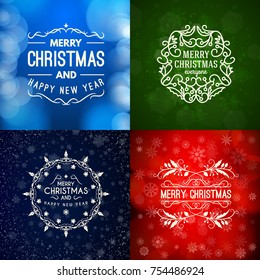 Set of Merry Christmas and Happy New Year Decorative Badges for Greetings Cards or Invitations. Vector Illustration. Abstract colorful background with snowflakes and lights