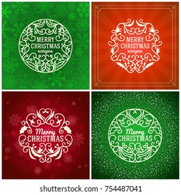 Set of Merry Christmas and Happy New Year Decorative Badges for Greetings Cards or Invitations. Vector Illustration. Abstract colorful background with snowflakes and lights