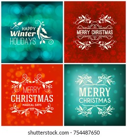 Set of Merry Christmas and Happy New Year Decorative Badges for Greetings Cards or Invitations. Vector Illustration. Abstract colorful background with snowflakes and lights