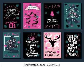 Set of Merry Christmas, Happy New Year, Let It Snow and Happy Holidays vintage hand drawn greeting cards, gift tags, postcards, posters. Calligraphic Christmas artwork vector illustration.