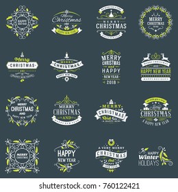 Set of Merry Christmas and Happy New Year decorative badges for greetings cards or invitations. Typographic vector design elements
