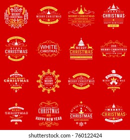 Set of Merry Christmas and Happy New Year decorative badges for greetings cards or invitations. Typographic vector design elements