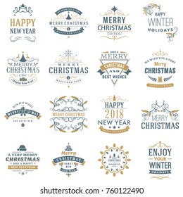 Set of Merry Christmas and Happy New Year decorative badges for greetings cards or invitations. Typographic vector design elements