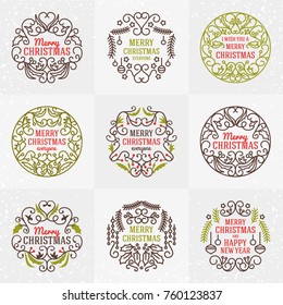 Set of Merry Christmas and Happy New Year Decorative Badges for Greetings Cards or Invitations. Vector Illustration. Typographic Design Elements. Red, Green and Brown Color Theme