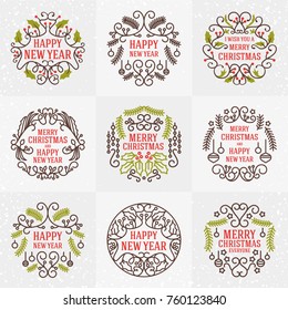 Set of Merry Christmas and Happy New Year Decorative Badges for Greetings Cards or Invitations. Vector Illustration. Typographic Design Elements. Red, Green and Brown Color Theme
