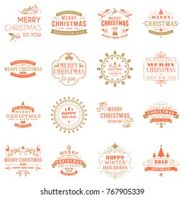 Set of Merry Christmas and Happy New Year Decorative Badges for Greetings Cards or Invitations. Vector Illustration. Typographic Design Elements