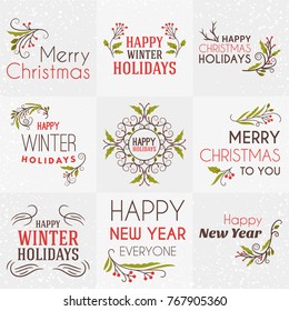 Set of Merry Christmas and Happy New Year Decorative Badges for Greetings Cards or Invitations. Vector Illustration. Typographic Design Elements. Red, Green and Brown Color Theme