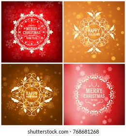Set of Merry Christmas and Happy New Year Decorative Badges for Greetings Cards or Invitations. Vector Illustration. Abstract colorful background with snowflakes and lights