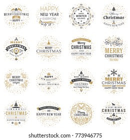 Set of Merry Christmas and Happy New Year Decorative Badges for Greetings Cards or Invitations. Vector Illustration. Typographic Design Elements. Golden and Black Color Theme