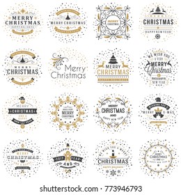 Set of Merry Christmas and Happy New Year Decorative Badges for Greetings Cards or Invitations. Vector Illustration. Typographic Design Elements. Golden and Black Color Theme