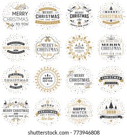 Set of Merry Christmas and Happy New Year Decorative Badges for Greetings Cards or Invitations. Vector Illustration. Typographic Design Elements. Golden and Black Color Theme